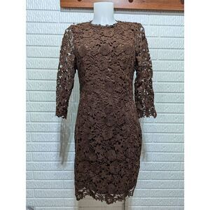 Just Me Women's Brown Floral Lace Embroidered Open Back Long-Sleeve Dress Size L